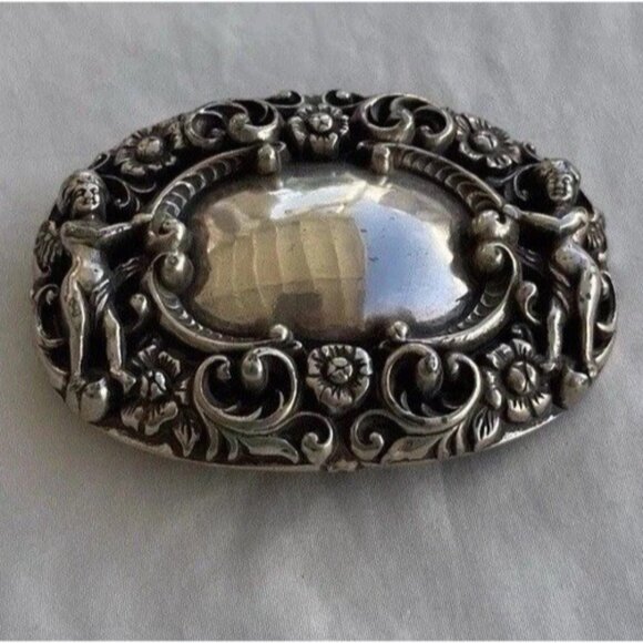 Vintage 90s Silver Plate Cupid Angels Repousse Women’s Belt Buckle Oval - Picture 8 of 10